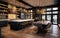 A Large Open Kitchen With Wood Dlooring Granite Counter Tops And Open Shelving Background