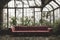 Large ornate red Victorian couch in an abandoned greenhouse