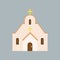 Large Orthodox cathedral. House of God. Catholic church with arched windows and golden cross on roof. Religious