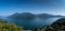 Large panoramic view of Lago Maggiore from a beautifully preserved medieval village Carmine Superiore. Northern Italy