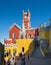 Large panoramic view of Pena Palace (Portuguese: Palacio da Pena) is a Romanticist castle in the municipality of Sintra, Portugal