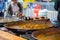 Large pans of simmering curry at pop up street food stall on South Bank
