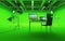 Large Pavilion Interior of Modern Film Studio with Green Screen and Light Equipment.