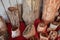 Large petrified wood pieces on display at souvenir market in Antananarivo, Madagascar