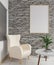 Large picture frame on a brick wall in the living room. Decorated with armchairs and plant pots on a tiled floor.3d rendering