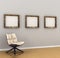 Large picture, frames, hanging on a gray wall.