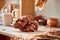 Large piece of red clay closeup on worktop at the potter workshop, close-up, shallow depth of field