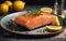 A large piece of salted trout, salmon in taoelka with lemon 6 dish gourmet cuisine. AI generation.