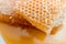Large pieces of natural honeycombs are in a puddle of fresh honey.