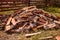 Large pile of birch wood. Remains of woodworking production stacked on the ground near the fence