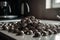 A large pile of empty aluminium coffee capsules next to a coffee machine in a modern kitchen created with generative AI technology