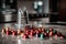 A large pile of empty aluminium coffee capsules next to a coffee machine in a modern kitchen created with generative AI technology