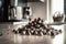 A large pile of empty aluminium coffee capsules next to a coffee machine in a modern kitchen created with generative AI technology