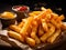 A large pile of French fries on craft wrapping paper with sauce on a wooden table. Generated by AI