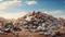 A large pile of garbage and discarded items under sky. A landfill with cans, bottles, and other trash. Ideal for waste