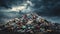 Large pile of garbage and discarded items under a stormy sky. Landfill with cans, bottles, and other trash. Ideal for