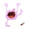 A large pink gum monster chasing a fleeing cockroach. illustration on a white background