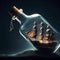 Large pirate ship inside Glass bottle, fantasy and imagination concept on solid dark background. ai generative