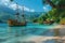 A large pirate ship, with sails unfurled, anchors in a tranquil Caribbean cove surrounded by lush greenery and a clear