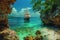 A large pirate ship, with sails unfurled, anchors in a tranquil Caribbean cove surrounded by lush greenery and a clear