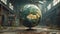 Large planet earth or globe in abandoned factory or warehouse. Generative AI