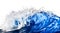 a large, powerful blue wave crashing and creating white foam against isolated white background