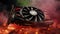 Large and powerful graphics card with big fans with bright neon light. Cyberpunk video concept chip for gaming and