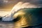A large, powerful ocean wave with a curling barrel shape, backlit by the sun creating a warm