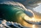 A large, powerful ocean wave with a curling barrel shape, backlit by the sun creating a warm