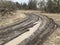 A large puddle on the road in the forest. Stagnant water on a forest path. Swamp on a dirt road in the village