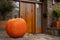 Large pumpkin standing at the front doors outside of the fancy home. Season outdoor decoration for the halloween in USA