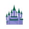 Large purple castle. Royal palace with high towers and green conical roofs. Flat vector element for mobile game