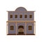 Large purple two-storey western house with wood swinging doors and porch. Old wild west saloon. Flat vector icon