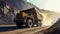 Large quarry dump truck. Big yellow mining truck at work site.