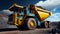 Large quarry dump truck in coal mine. Mining equipment for the transportation of minerals.