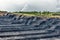 A large quarry with many horizons and ledges. Vertical bedding of coal seams.