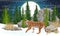 A large, realistic tiger walks along a snowy plain. Tall conifers and stones, starry sky with a big moon