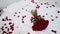 A large red bouquet of roses for Valentine\'s Day lies on a snow-white bed strewn with rose petals. The concept of