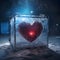 Large red heart frozen in a large ice cube, winter land at night. Heart as a symbol of affection and