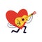 A large red heart plays a painted yellow ukulele on one knee. A hand-drawn cartoon character in the form of a heart. Vector