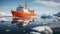 A large red icebreaker stands in the ocean among the ice of Antarctica