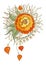 Large red-orange flower and pendant hearts. Vector illustration for tattoo or henna drawing.