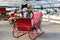 Large red sleigh with snowman at holiday event, Sunnyside Gardens, Saratoga New York, 2019