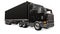 A large retro black truck with a sleeping part and an aerodynamic extension carries a trailer with a sea container. 3d