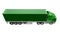 A large retro green truck with a sleeping part and an aerodynamic extension carries a trailer with a sea container. 3d