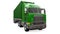 A large retro green truck with a sleeping part and an aerodynamic extension carries a trailer with a sea container. 3d