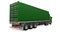 A large retro green truck with a sleeping part and an aerodynamic extension carries a trailer with a sea container. 3d