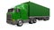 A large retro green truck with a sleeping part and an aerodynamic extension carries a trailer with a sea container. 3d