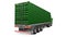 A large retro green truck with a sleeping part and an aerodynamic extension carries a trailer with a sea container. 3d