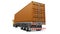 A large retro orange truck with a sleeping part and an aerodynamic extension carries a trailer with a sea container. 3d